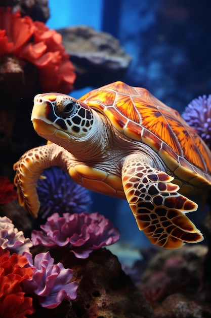 A sea turtle in the ocean swimming among the corals International Turtle Day