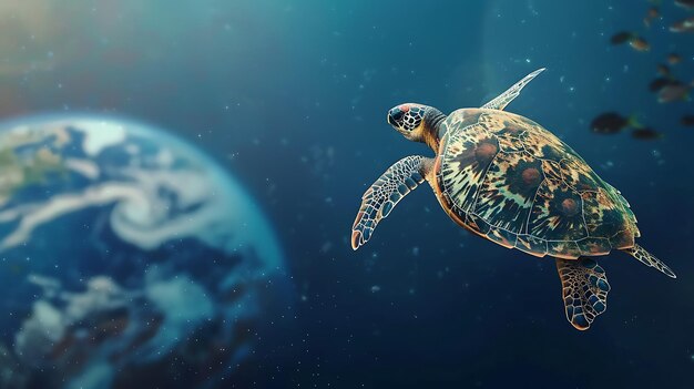 Photo sea turtle swimming on the blue galaxy with earth background international world turtle day