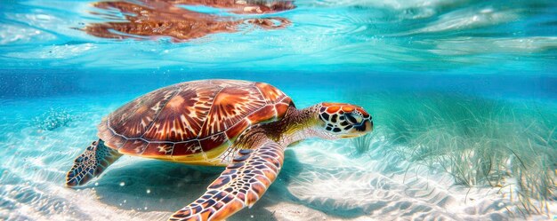 a sea turtle swimming in the clear water with sun shine