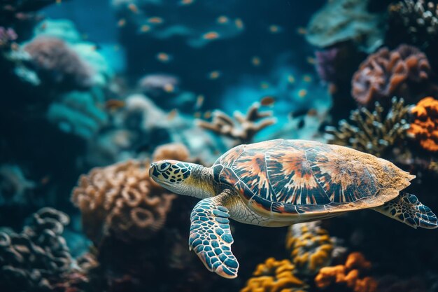 Sea Turtle Swimming Among Colorful Coral Reefs in Vibrant Underwater Ocean Scene