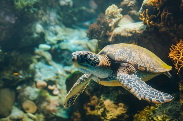 Sea Turtle Swimming in Coral Reef Underwater