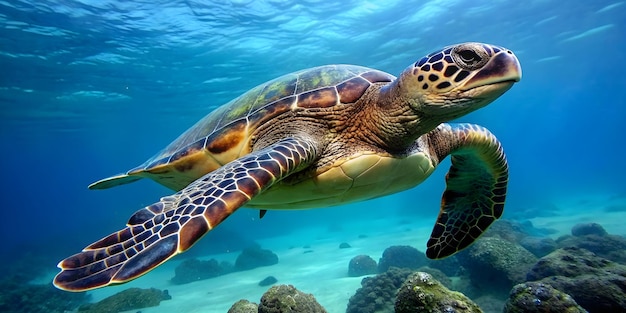 a sea turtle swimming over coral reefs World Turtle Day Background Banner