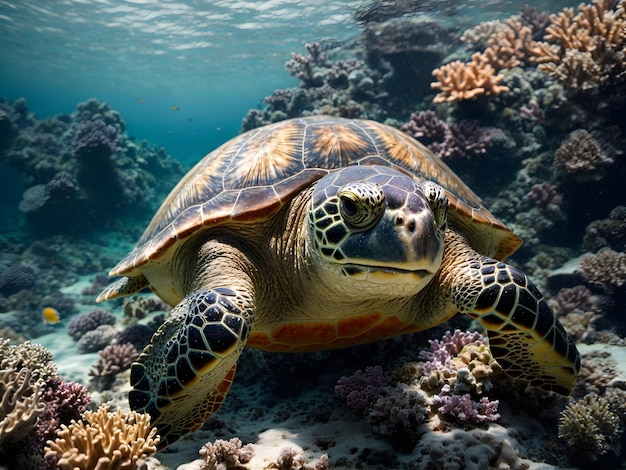 A sea turtle swimming under the ocean with beautiful coral reefs beneath him