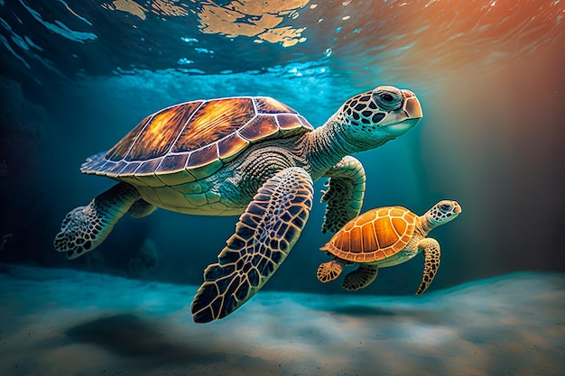 Sea turtle swimming in the under sea Beautiful Underwater and colorfull coral in wild nature of the Pacific Ocean Generate Ai