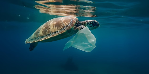 Sea turtle swimming in the sea with plastic bag garbage