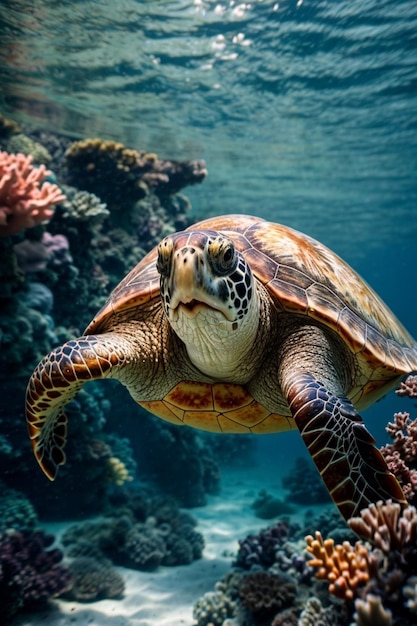 A sea turtle swimming under sea