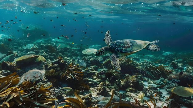 Photo sea turtle swimming through coral reef underwater photo