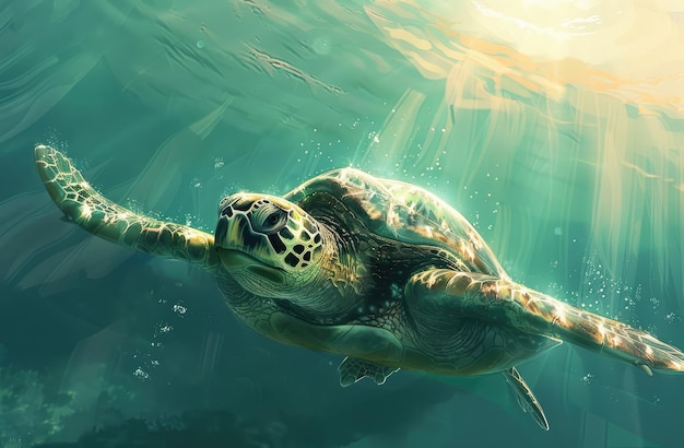 Sea Turtle Swimming Through Sunlight