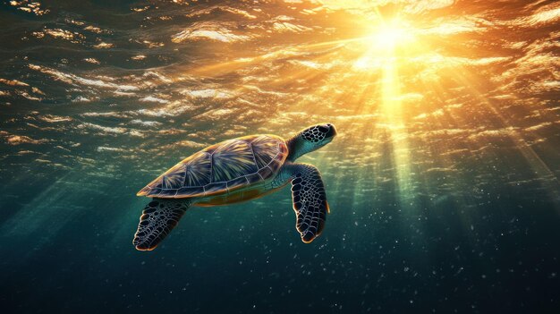 Photo sea turtle swimming towards the sun