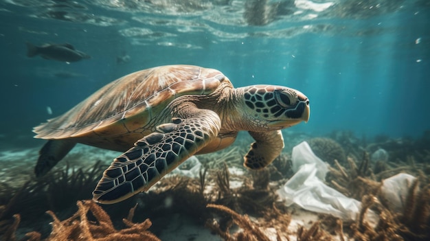 Sea turtle swimming in the water filled by waste plastic Generated AI