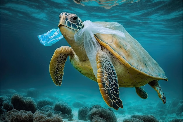 Sea turtle swimming with plastic bag Underwater animals harm made by garbage in water Tortoise stuck in plastic bag ecological catastrophe Plastic pollution in ocean Generative AI