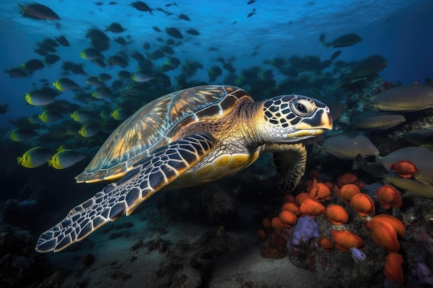 Sea turtle swims past schools of colorful fish created with generative ai