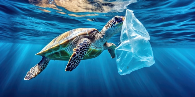 Sea turtle trapped in a plastic bag Stop ocean plastic pollution concept Generative AI