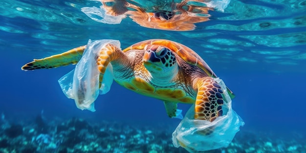 Sea turtle trapped in a plastic bag Stop ocean plastic pollution concept Generative AI