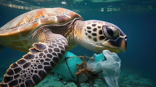 Sea Turtle Trapped in Plastic Trash