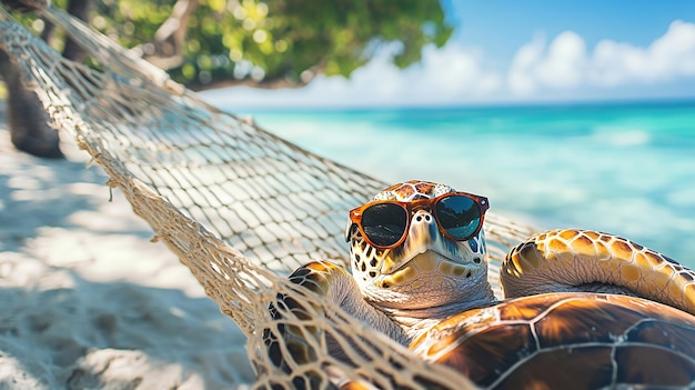 Sea turtle wearing sunglasses and relaxing in a hammock on a sandy beach