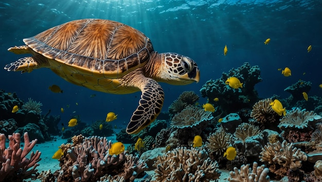 Sea Turtles Swimming Underwater with Coral Reefs