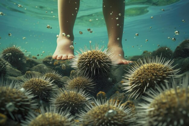 A sea urchin submerged in clear blue waters serving as a reminder of potentially hazardous creatures that inhabit our oceans making safety a priority during vacations by the coast