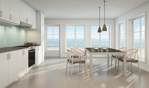 Sea view dining room and kitchen in beach house.