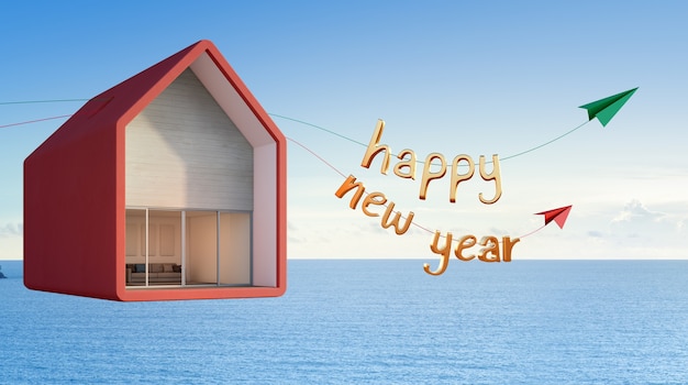 Sea view house floating in the sky, Happy new year - 3d rendering