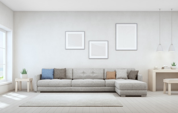 Sea view living room and small working area of modern luxury beach house.