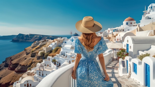 Sea view photo of young girl vacationing in Santorini