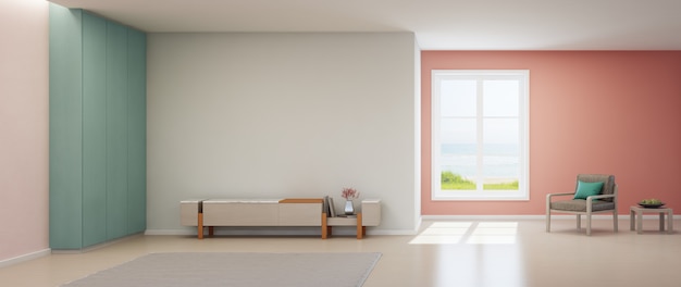 Sea view pink living room of luxury summer beach house with TV stand and wooden cabinet.