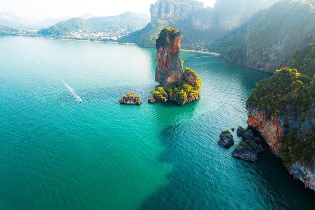 Sea views and rocky islands with a longtail boat