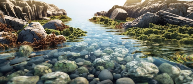 The sea water recedes the water flows gently between the rocks and grass in the sea