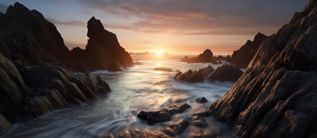 The sea water recedes the water flows gently between the rocks