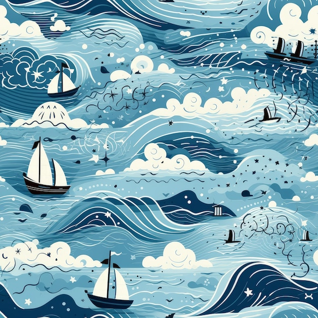 Sea wave ship seamless pattern Art summer Generate Ai