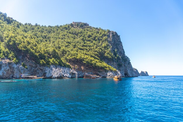 Sea waves and fantastic rocky coast diving place Alanya Turkey