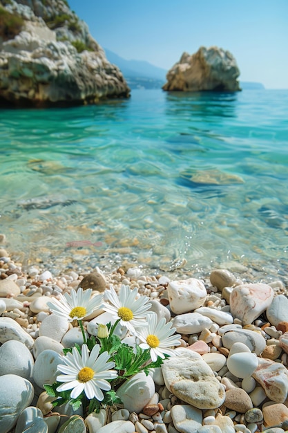 a sea with a few flowers growing in the water