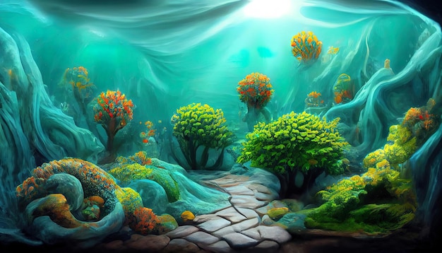 Seabed landscape with algae and vegetation of super bright colors in fantasy style Generative Ai