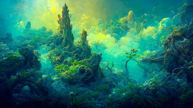 Seabed landscape with algae and vegetation of super bright colors in fantasy style