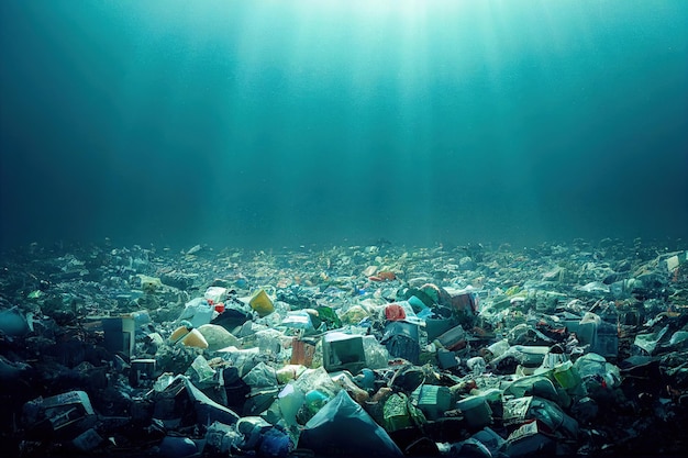 Seabed polluted with dangerous garbage illuminated by sun rays