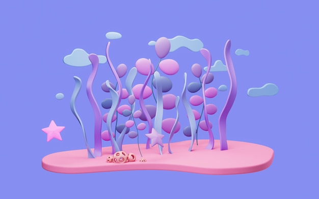 Seabed scene with cartoon style 3d rendering