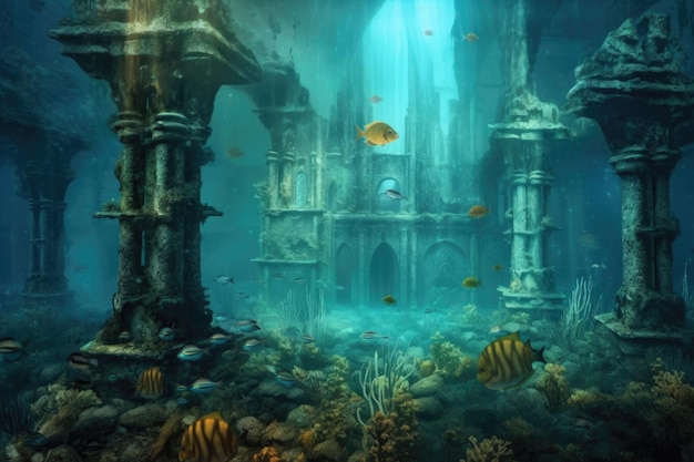 Seabed view of a submerged city with mysterious aura created with generative ai