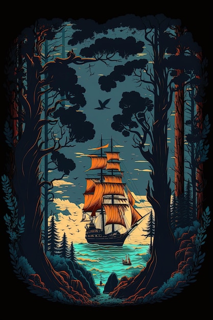 Seafaring Serenity Sailing Ship Mood in an Ocean by a Forest Flat