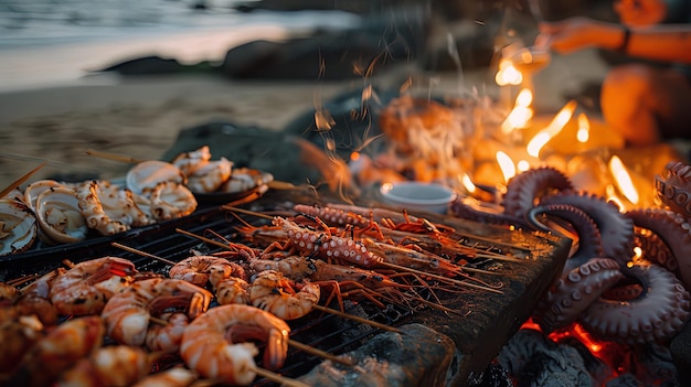 A seafood barbecue feast on the beach with grilled prawns scallops and octopus skewers cooking over an open flame surrounded by friends and family