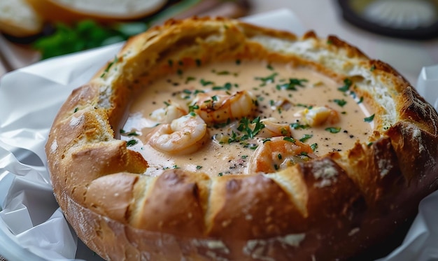 Photo seafood bisque in a sourdough bread bowl