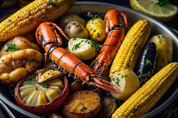 Seafood boil with corn and potatoes