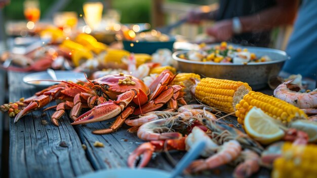 A seafood boil with crab shrimp and corn served on a communal table