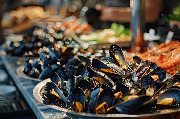 Seafood Buffet Spread Featuring Cooked Mussels and Other Delicacies