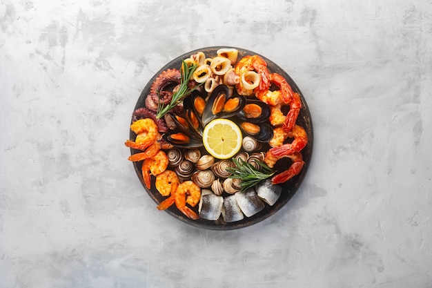 Seafood charcuterie platter board with shrimp