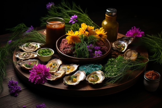 Seafood charcuterie platter with fresh oysters and vibrant floral garnish on wooden serve board