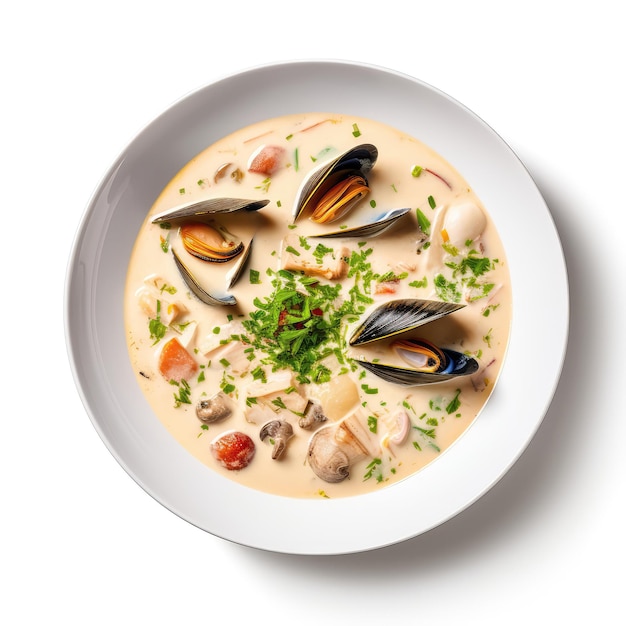 Seafood Chowder Irish Dish On A White Plate On A White Background Directly Above View