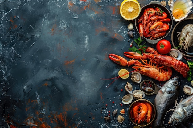 Photo seafood cooking banner with space for text viewed from above