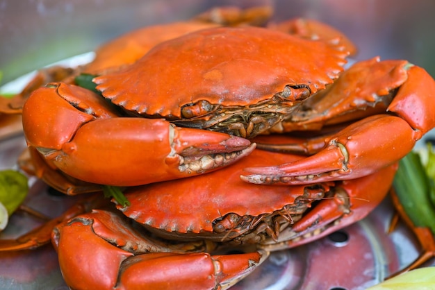 Seafood crab cooking food steamed crab red in the seafood restaurant kitchen fresh crab on steamer