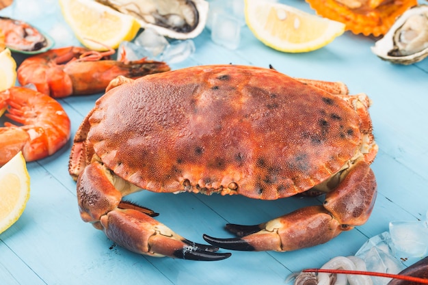 Seafood dinner, seafood dinner with fresh lobster, crab, mussel and oyster as background